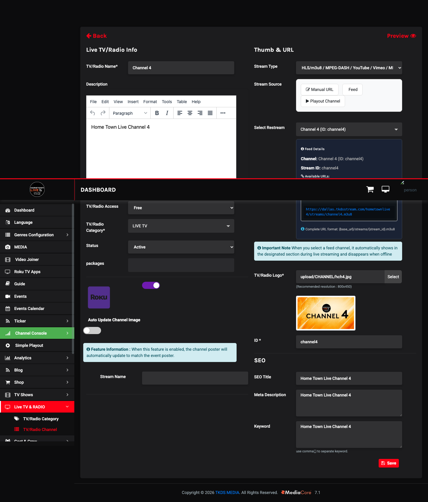 RTMP URL and Stream Key on channel edit page