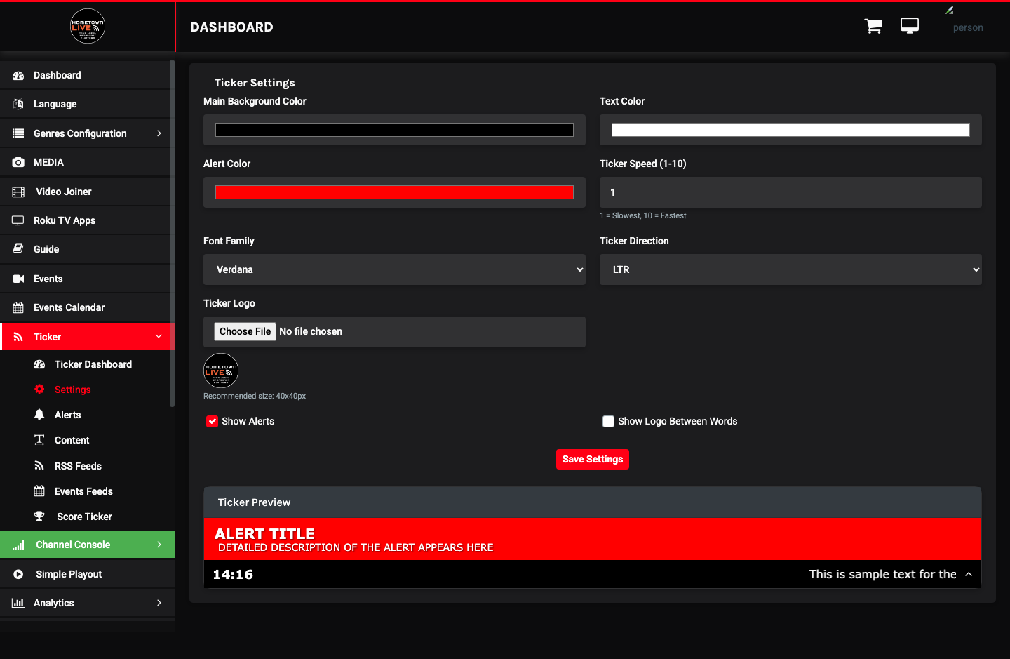 Ticker Settings form
